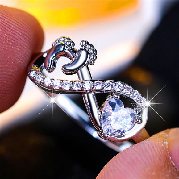 White Zircon New Mom Baby Footprints Infinity Ring – S925 Sterling Silver - Picture 11 of 13